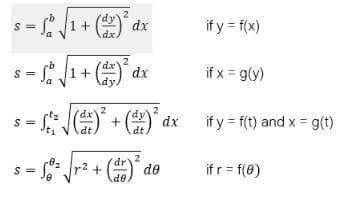 s - 1+
if y = f(x)
S =
1+
dx
if x = g(y)
2
2
) dx if y = f(t) and x = g(t)
=
dt
dr"
r2 +
de
2
de
if r = f(0)
