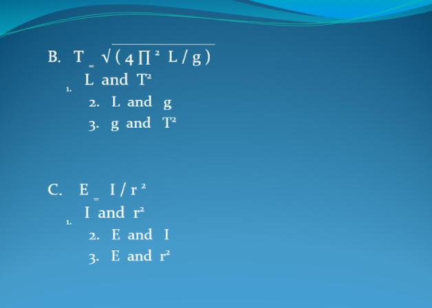 В. Т. V(4П* L/g)
L and T
1.
2. L and g
3. g and T²
C. E I/r²
I and r?
1.
2. E and I
3. E and r²2
