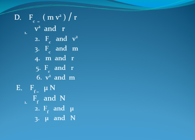 D. F (m v)/r
v and r
1.
2. F and v²
3. F and m
4. m and r
5. F and r
6. v and m
F. µN
F. and N
f=
1.
if
2. F, and u
3. H and N
