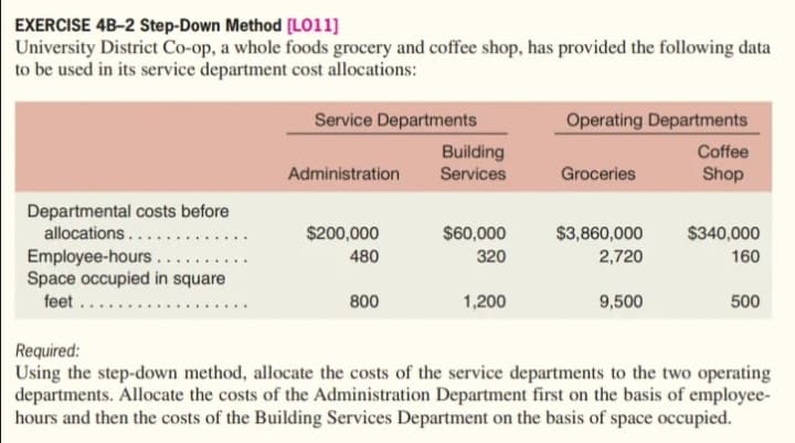 EXERCISE 4B-2 Step-Down Method [LO11]
University District Co-op, a whole foods grocery and coffee shop, has provided the following data
to be used in its service department cost allocations:
Service Departments
Operating Departments
Building
Coffee
Administration
Services
Groceries
Shop
Departmental costs before
allocations...
$200,000
$60,000
$3,860,000
$340,000
Employee-hours...
Space occupied in square
feet ...
480
320
2,720
160
800
1,200
9,500
500
Required:
Using the step-down method, allocate the costs of the service departments to the two operating
departments. Allocate the costs of the Administration Department first on the basis of employee-
hours and then the costs of the Building Services Department on the basis of space occupied.
