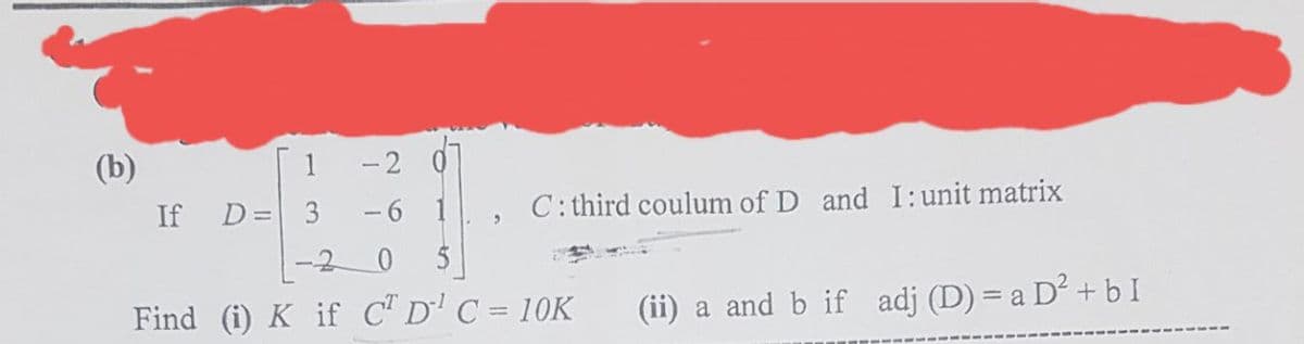 -2
-6 1
0
Find (i) K if C² D¹ C = 10K
(b)
If D=
"
C: third coulum of D and I: unit matrix
(ii) a and b if adj (D) = a D² + b I