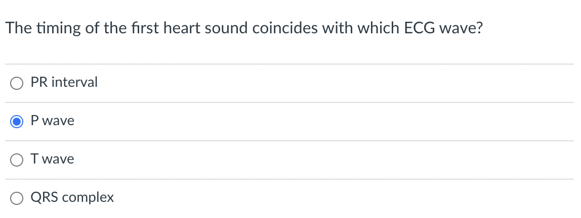 The timing of the first heart sound coincides with which ECG wave?
PR interval
P wave
T wave
QRS complex
