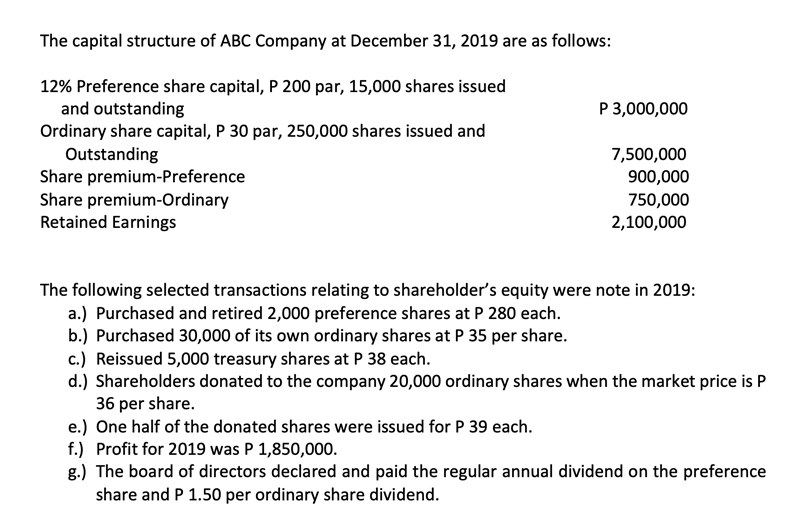 The capital structure of ABC Company at December 31, 2019 are as follows:
12% Preference share capital, P 200 par, 15,000 shares issued
and outstanding
Ordinary share capital, P 30 par, 250,000 shares issued and
Outstanding
Share premium-Preference
Share premium-Ordinary
Retained Earnings
P 3,000,000
7,500,000
900,000
750,000
2,100,000
The following selected transactions relating to shareholder's equity were note in 2019:
a.) Purchased and retired 2,000 preference shares at P 280 each.
b.) Purchased 30,000 of its own ordinary shares at P 35 per share.
c.) Reissued 5,000 treasury shares at P 38 each.
d.) Shareholders donated to the company 20,000 ordinary shares when the market price is P
36 per share.
e.) One half of the donated shares were issued for P 39 each.
f.) Profit for 2019 was P 1,850,000.
g.) The board of directors declared and paid the regular annual dividend on the preference
share and P 1.50 per ordinary share dividend.
