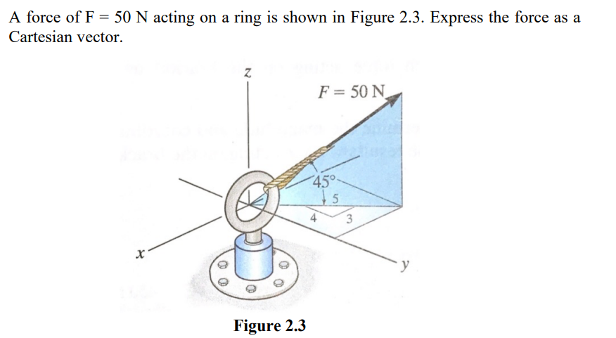 A force of F = 50 N acting on a ring is shown in Figure 2.3. Express the force as a
Cartesian vector.
F = 50 N
45°
15
4
3
y
Figure 2.3

