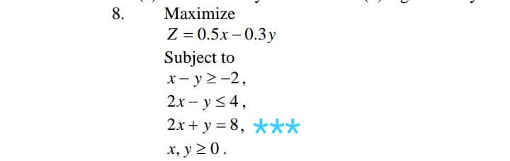 8.
Maximize
Z = 0.5x – 0.3y
Subject to
x- y>-2,
2x- y<4,
2x+ y = 8, ***
x, y 2 0.
