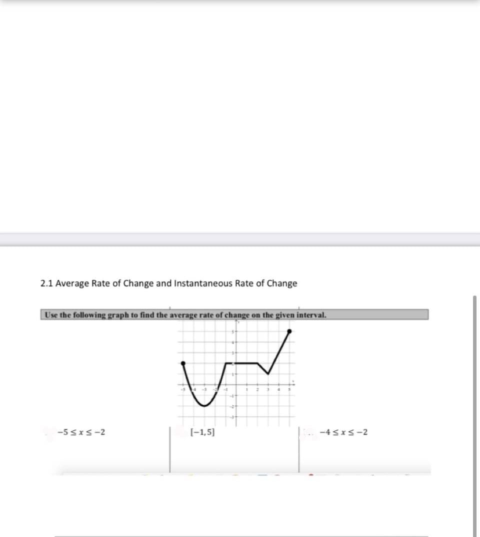 2.1 Average Rate of Change and Instantaneous Rate of Change
Use the following graph to find the average rate of change on the given interval.
-5 sxs-2
[-1,5]
-4 sxS-2
