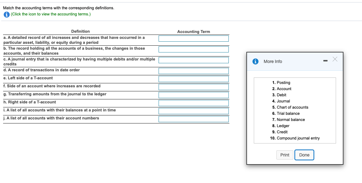 Match the accounting terms with the corresponding definitions.
A (Click the icon to view the accounting terms.)
Definition
Accounting Term
a. A detailed record of all increases and decreases that have occurred in a
particular asset, liability, or equity during a period
b. The record holding all the accounts of a business, the changes in those
accounts, and their balances
c. A journal entry that is characterized by having multiple debits and/or multiple
credits
More Info
d. A record of transactions in date order
e. Left side of a T-account
1. Posting
f. Side of an account where increases are recorded
2. Account
g. Transferring amounts from the journal to the ledger
3. Debit
h. Right side of a T-account
4. Journal
5. Chart of accounts
i. A list of all accounts with their balances at a point in time
6. Trial balance
j. A list of all accounts with their account numbers
7. Normal balance
8. Ledger
9. Credit
10. Compound journal entry
Print
Done
