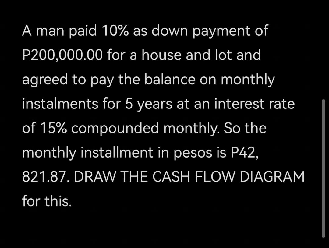 A man paid 10% as down payment of
P200,000.00 for a house and lot and
agreed to pay the balance on monthly
instalments for 5 years at an interest rate
of 15% compounded monthly. So the
monthly installment in pesos is P42,
821.87. DRAW THE CASH FLOW DIAGRAM
for this.
