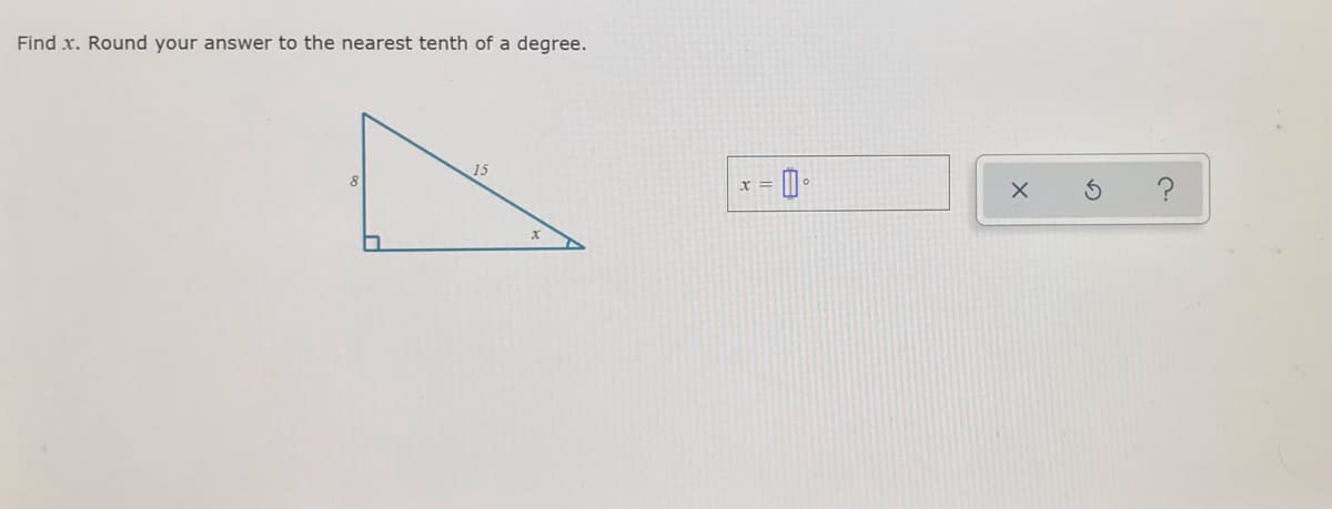 Find x. Round your answer to the nearest tenth of a degree.
15

