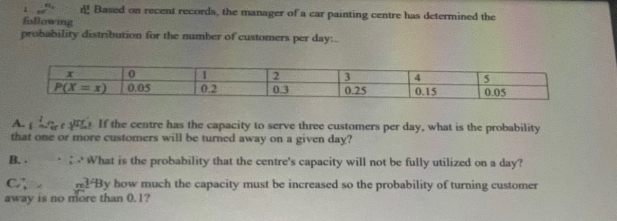 Based on recent records, the manager of a car painting centre has determined the
following
probability distribution for the number of customers per day:
3
0.25
4
5.
P(X x)
0.05
0.2
0.3
0.15
0.05
A. t If the centre has the capacity to serve three customers per day, what is the probability
that one or more customers will be turmed away on a given day?
B..
What is the probability that the centre's capacity will not be fully utilized on a day?
mBy how much the capacity must be increased so the probability of turning customer
away is no more than 0. 1?
