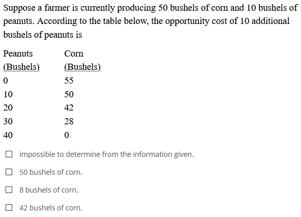 Suppose a farmer is currently producing 50 bushels of corn and 10 bushels of
peanuts. According to the table below, the opportunity cost of 10 additional
bushels of peanuts is
Peanuts
Corn
(Bushels)
(Bushels)
55
10
50
20
42
30
28
40
impossible to determine from the information given.
50 bushels of corn.
8 bushels of corn.
42 bushels of corn.
