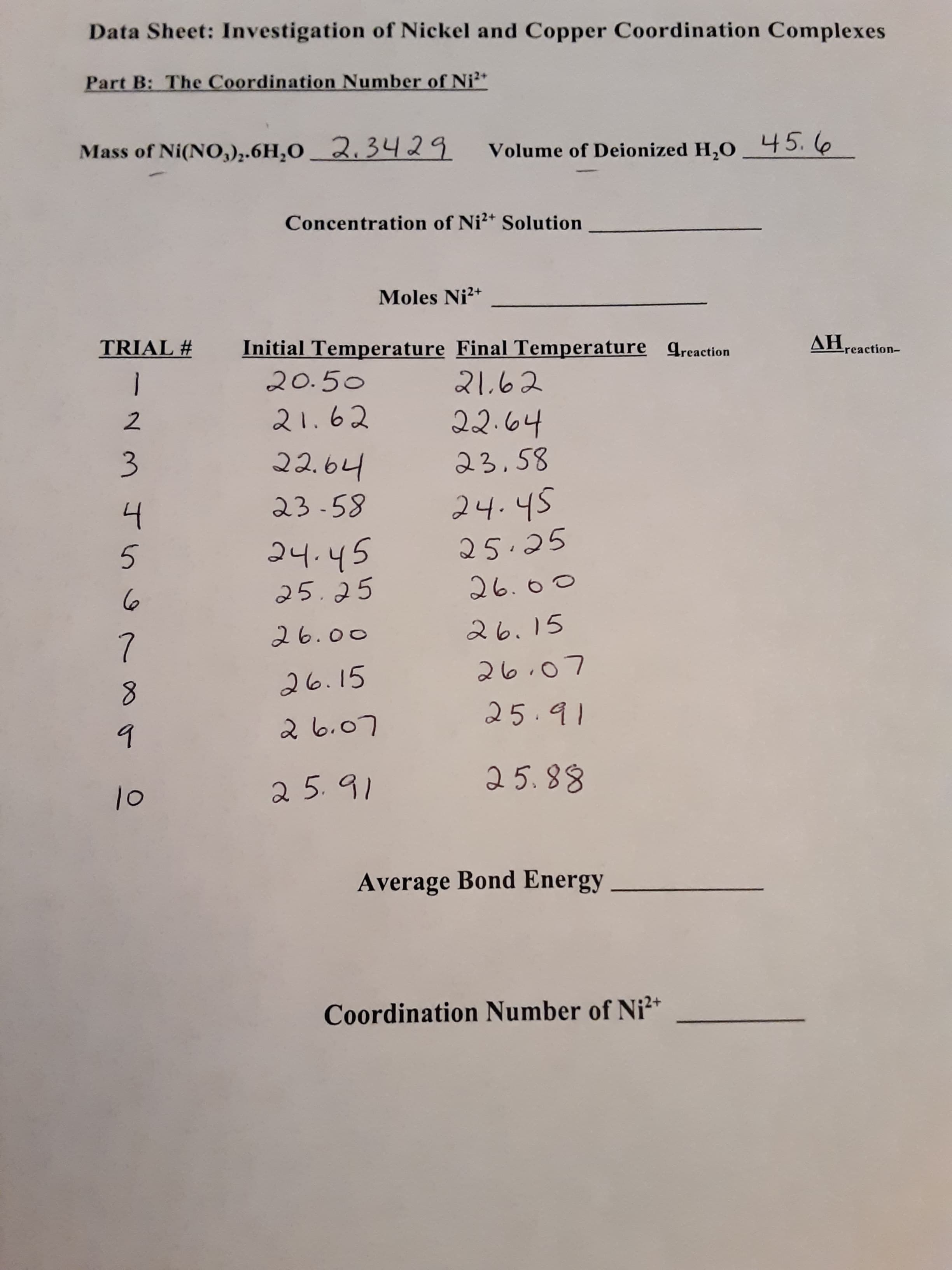 Data Sheet: Investigation of Nickel and Copper Coordination Complexes
Part B: The Coordination Number of Ni*
Mass of Ni(NO,)z.6H,O_2. 3429
Volume of Deionized H,O 45.6
Concentration of Ni?+ Solution
Moles Ni?+
TRIAL #
Initial Temperature Final Temperature greaction
AH,
reaction-
20.50
22.64
2.
22.64
23,58
3.
23.58
24.45
4.
24.45
5.
○99で
26.15
26.07
25.91
01
88.8
Average Bond Energy
Coordination Number of Ni²+
