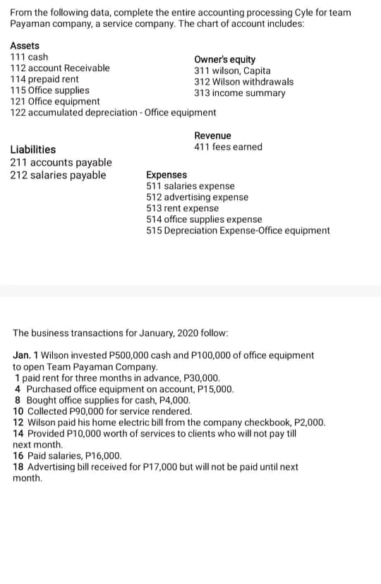From the following data, complete the entire accounting processing Cyle for team
Payaman company, a service company. The chart of account includes:
Assets
111 cash
Owner's equity
311 wilson, Capita
312 Wilson withdrawals
313 income summary
112 account Receivable
114 prepaid rent
115 Office supplies
121 Office equipment
122 accumulated depreciation - Office equipment
Revenue
Liabilities
411 fees earned
211 accounts payable
212 salaries payable
Expenses
511 salaries expense
512 advertising expense
513 rent expense
514 office supplies expense
515 Depreciation Expense-Office equipment
The business transactions for January, 2020 follow:
Jan. 1 Wilson invested P500,000 cash and P100,000 of office equipment
to open Team Payaman Company.
1 paid rent for three months in advance, P30,000.
4 Purchased office equipment on account, P15,000.
8 Bought office supplies for cash, P4,000.
10 Collected P90,000 for service rendered.
12 Wilson paid his home electric bill from the company checkbook, P2,000.
14 Provided P10,000 worth of services to clients who will not pay till
next month.
16 Paid salaries, P16,000.
18 Advertising bill received for P17,000 but will not be paid until next
month.
