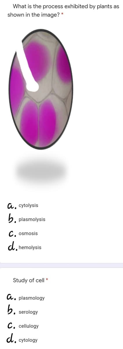 What is the process exhibited by plants as
shown in the image? *
A. cytolysis
b.
plasmolysis
C. osmosis
d. hemolysis
Study of cell *
a. plasmology
b. serology
C. cellulogy
d. cytology
