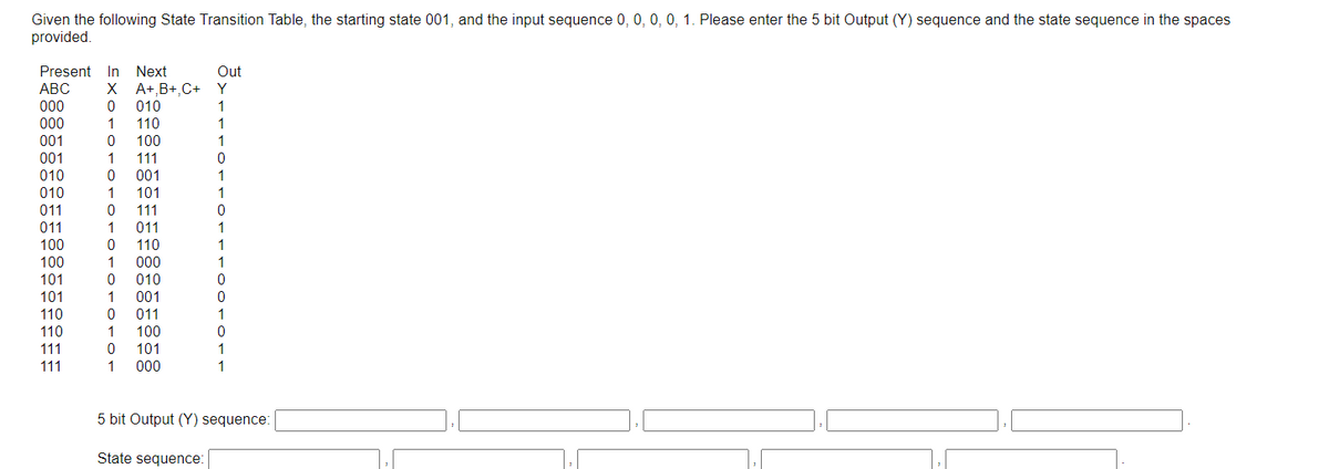 Given the following State Transition Table, the starting state 001, and the input sequence 0, 0, 0, 0, 1. Please enter the 5 bit Output (Y) sequence and the state sequence in the spaces
provided.
Present In Next
Out
АВС
000
000
X A+,B+,C+ Y
0 010
110
1
1
1
001
001
010
100
1
111
001
1
010
011
011
1
101
111
1
011
1
1
100
110
100
1
000
0 010
101
101
1
001
0 011
1 100
0 101
110
110
111
111
1 000
1
5 bit Output (Y) sequence:
State sequence:
