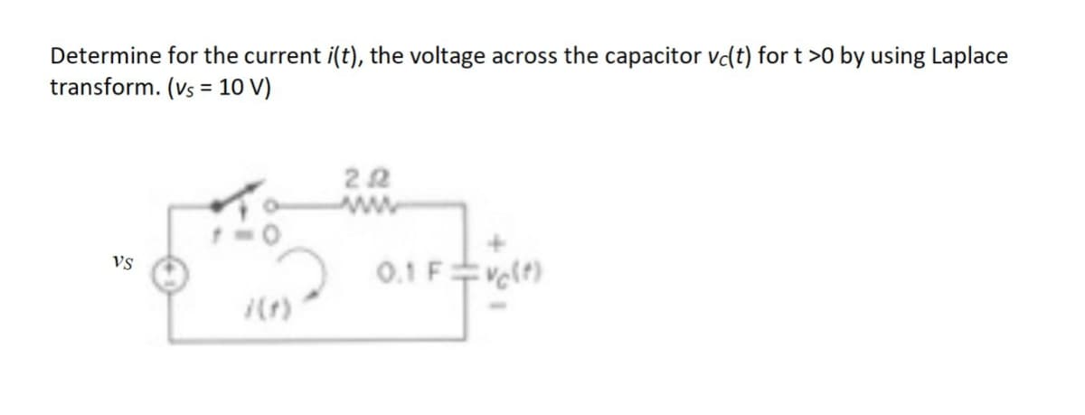 Determine for the current i(t), the voltage across the capacitor vdt) for t >0 by using Laplace
transform. (vs = 10 V)
%3D
22
ww
vs
0.1 F수vele)

