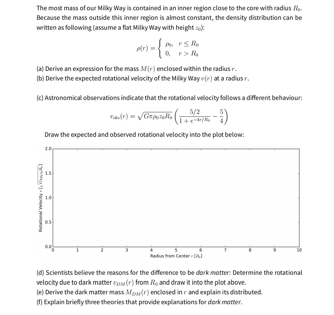 The most mass of our Milky Way is contained in an inner region close to the core with radius Ro.
Because the mass outside this inner region is almost constant, the density distribution can be
written as following (assume a flat Milky Way with height zo):
{
r< Ro
0,
Po,
p(r) =
r > Ro
(a) Derive an expression for the mass M(r) enclosed within the radius r.
(b) Derive the expected rotational velocity of the Milky Way v(r) at a radius r.
(c) Astronomical observations indicate that the rotational velocity follows a different behaviour:
5/2
1+e-4r/Ro
Vobs (r) = V
Draw the expected and observed rotational velocity into the plot below:
2.0
1.5
1.0
0.5
0.0
0.
2
3
6
7
8
10
Radius from Center r (R)
(d) Scientists believe the reasons for the difference to be dark matter: Determine the rotational
velocity due to dark matter vpM (r) from Ro and draw it into the plot above.
(e) Derive the dark matter mass MDM(r) enclosed in r and explain its distributed.
(f) Explain briefly three theories that provide explanations for dark matter.
Rotational Velocity vlVGapozoRo]
