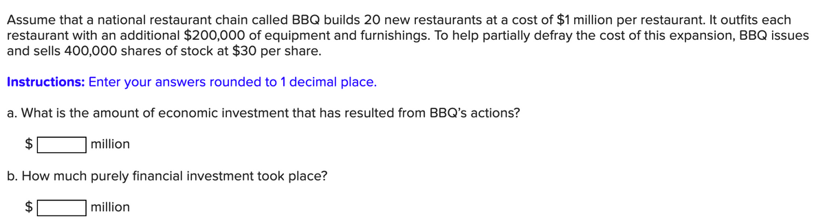 Assume that a national restaurant chain called BBQ builds 20 new restaurants at a cost of $1 million per restaurant. It outfits each
restaurant with an additional $200,000 of equipment and furnishings. To help partially defray the cost of this expansion, BBQ issues
and sells 400,000 shares of stock at $30 per share.
Instructions: Enter your answers rounded to 1 decimal place.
a. What is the amount of economic investment that has resulted from BBQ's actions?
million
b. How much purely financial investment took place?
$
million
%24
%24
