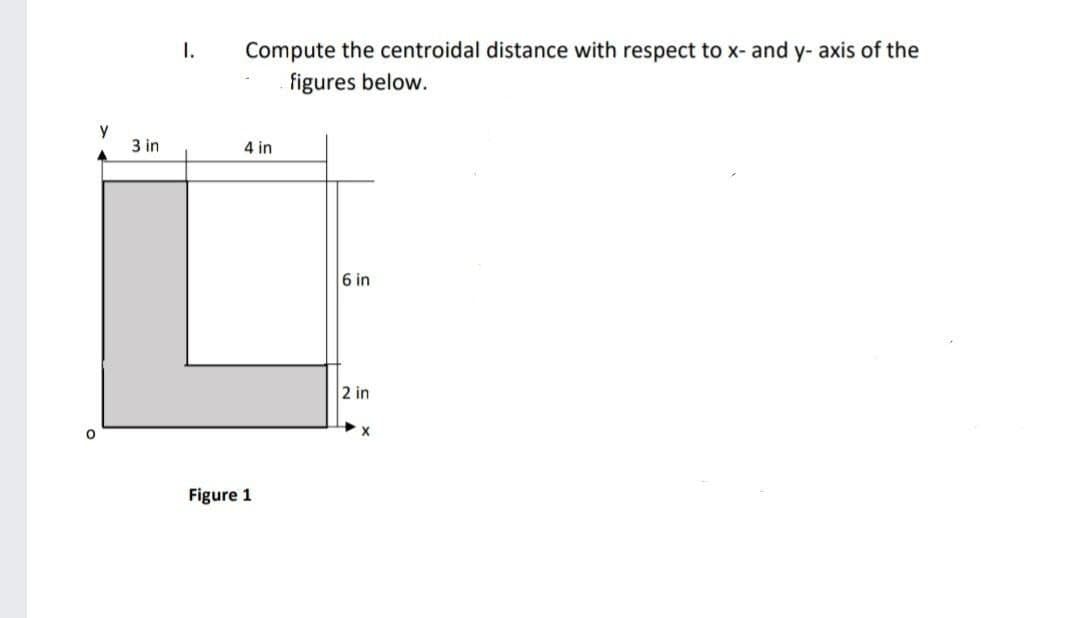 0
3 in
I.
Compute the centroidal distance with respect to x- and y- axis of the
figures below.
4 in
6 in
Figure 1
2 in
X