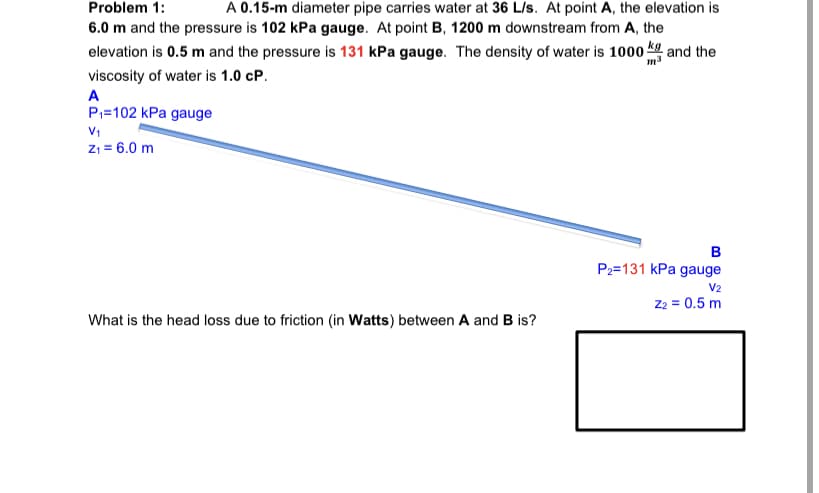 Problem 1:
A 0.15-m diameter pipe carries water at 36 L/s. At point A, the elevation is
6.0 m and the pressure is 102 kPa gauge. At point B, 1200 m downstream from A, the
elevation is 0.5 m and the pressure is 131 kPa gauge. The density of water is 1000 and the
viscosity of water is 1.0 cP.
A
P;=102 kPa gauge
Z1 = 6.0 m
B
P2=131 kPa gauge
V2
Z2 = 0.5 m
What is the head loss due to friction (in Watts) between A and B is?
