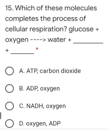 15. Which of these molecules
completes the process of
cellular respiration? glucose +
охудen
oxygen ----> water +
A. ATP, carbon dioxide
B. ADP, oxygen
C. NADH, oxygen
O D. oxygen, ADP
O O O
