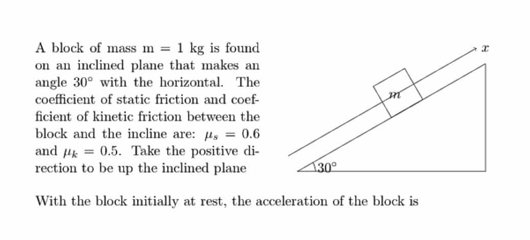 A block of mass m = 1 kg is found
on an inclined plane that makes an
angle 30° with the horizontal. The
coefficient of static friction and coef-
ficient of kinetic friction between the
block and the incline are: µs = 0.6
and uk = 0.5. Take the positive di-
rection to be up the inclined plane
130°
With the block initially at rest, the acceleration of the block is
