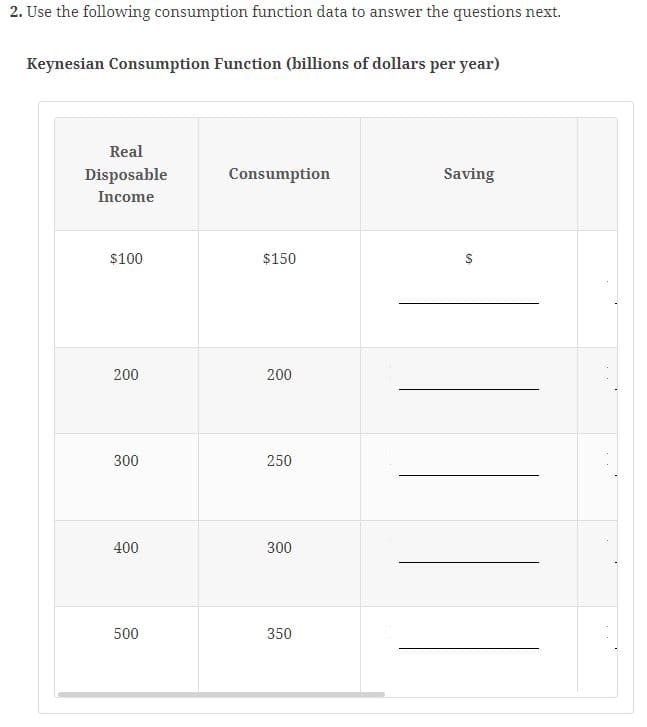 2. Use the following consumption function data to answer the questions next.
Keynesian Consumption Function (billions of dollars per year)
Real
Disposable
Income
$100
200
300
400
500
Consumption
$150
200
250
300
350
Saving
SA