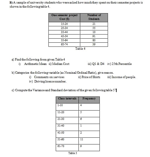 B)A sample of university students who were asked how much they spent on their semester projects is
shown in the following table 4.
Number of
One semester project
Cost ($)
Students
15-24
21
25-34
55
35-44
10
45-54
91
55-64
80
65-74
39
Table 4
a) Find the following from given Table 4
) Arithmetic Mean #) Median Cost
ii) Ql & D4 iv) 25th Percentile
