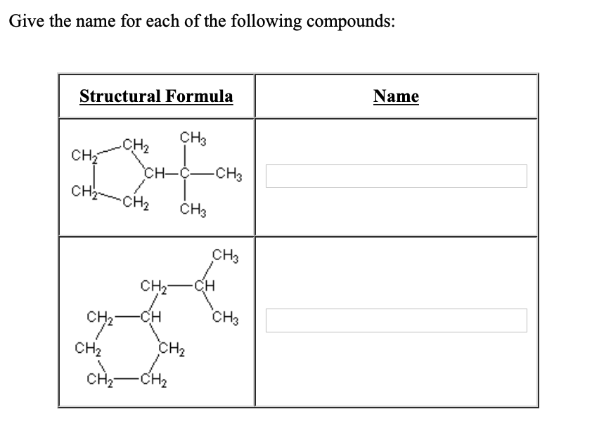 Give the name for each of the following compounds:
Structural Formula
Name
Cнз
.CH2
CH
сH-ҫ—сHҙ
CHz CH2
CHз
CHз
Cна
-CH
CH2-
-CH
снз
CH2
CH2
CH-CH2
