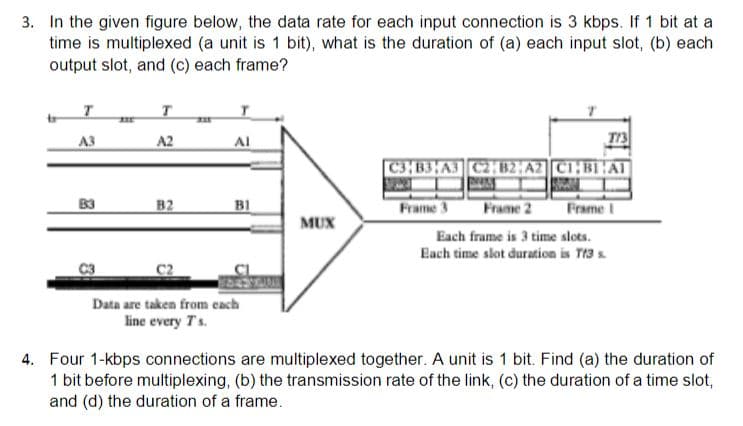 3. In the given figure below, the data rate for each input connection is 3 kbps. If 1 bit at a
time is multiplexed (a unit is 1 bit), what is the duration of (a) each input slot, (b) each
output slot, and (c) each frame?
A3
A2
Al
C3 B3:A3 C2H82:A2 C1:BI!AI
B2
BI
Frame 3
Frame 2
Frame
MUX
Each frame is 3 time slots.
Each time slot duration is T13 s
Data are taken from cach
line every Ts.
4. Four 1-kbps connections are multiplexed together. A unit is 1 bit. Find (a) the duration of
1 bit before multiplexing, (b) the transmission rate of the link, (c) the duration of a time slot,
and (d) the duration of a frame.
