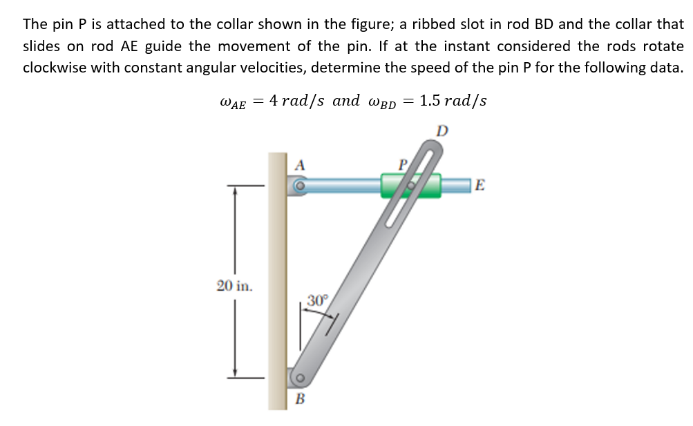 The pin P is attached to the collar shown in the figure; a ribbed slot in rod BD and the collar that
slides on rod AE guide the movement of the pin. If at the instant considered the rods rotate
clockwise with constant angular velocities, determine the speed of the pin P for the following data.
WAE = 4 rad/s and WBD =
20 in.
A
O
B
30°
1.5 rad/s
D
E