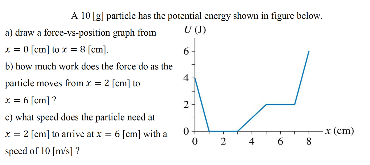 A 10 [g] particle has the potential energy shown in figure below.
U (J)
a) draw a force-vs-position graph from
x = 0 [cm] to x = 8 [cm].
6.
b) how much work does the force do as the
4
particle moves from x = 2 [cm] to
x = 6 [cm] ?
2
c) what speed does the particle need at
x = 2 [cm] to arrive at x = 6 [cm] with a
х (ст)
8
0 2
6.
speed of 10 [m/s] ?
4+
