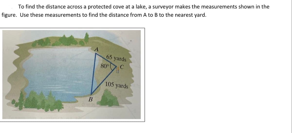 To find the distance across a protected cove at a lake, a surveyor makes the measurements shown in the
figure. Use these measurements to find the distance from A to B to the nearest yard.
65 yards
80°
105 yards
