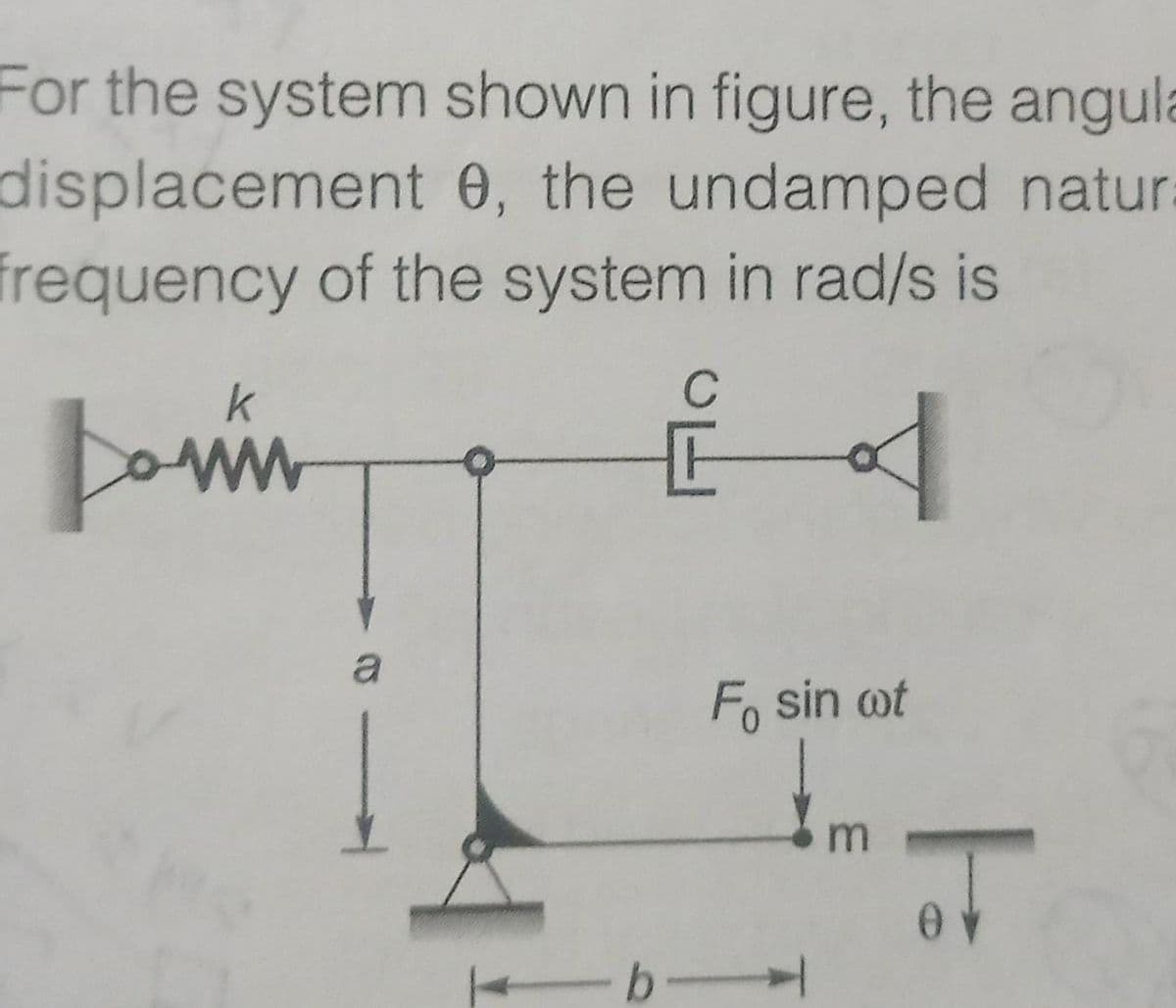 For the system shown in figure, the angula
displacement 0, the undamped natur
frequency of the system in rad/s is
k
C
a
Fo sin ot
m
b-
