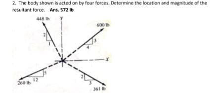 2. The body shown is acted on by four forces. Determine the location and magnitude of the
resultant force. Ans. 572 Ib
448 Ih
600 Ib
12
260 Ib
361 Ib
