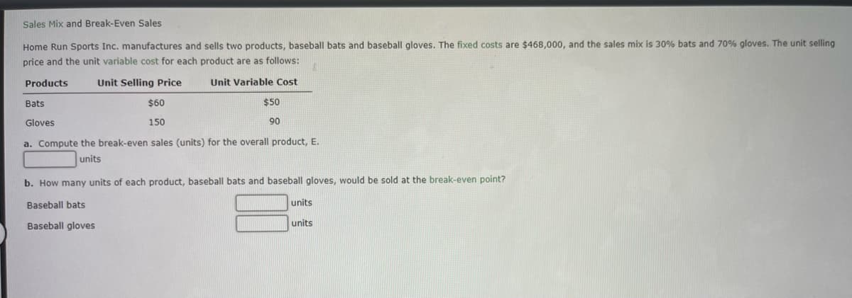 Sales Mix and Break-Even Sales
Home Run Sports Inc. manufactures and sells two products, baseball bats and baseball gloves. The fixed costs are $468,000, and the sales mix is 30% bats and 70% gloves. The unit selling
price and the unit variable cost for each product are as follows:
Unit Selling Price
Unit Variable Cost
Products
Bats
Gloves
$50
90
1
$60
150
a. Compute the break-even sales (units) for the overall product, E.
units
b. How many units of each product, baseball bats and baseball gloves, would be sold at the break-even point?
Baseball bats
Baseball gloves
units
units