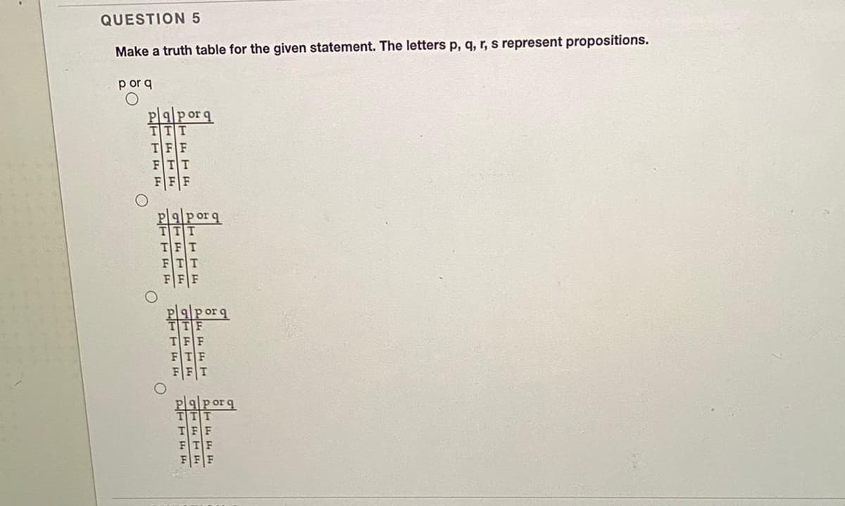 QUESTION 5
Make a truth table for the given statement. The letters p, q, r, s represent propositions.
p or q
P|9|por q
T|T|T
TFF
FTT
FFF
P9por q
TTT
TFT
FTT
FFF
Pla|porq
TTF
TFF
FTF
F F T
plalporq
TTT
TFF
FTF
FFF
