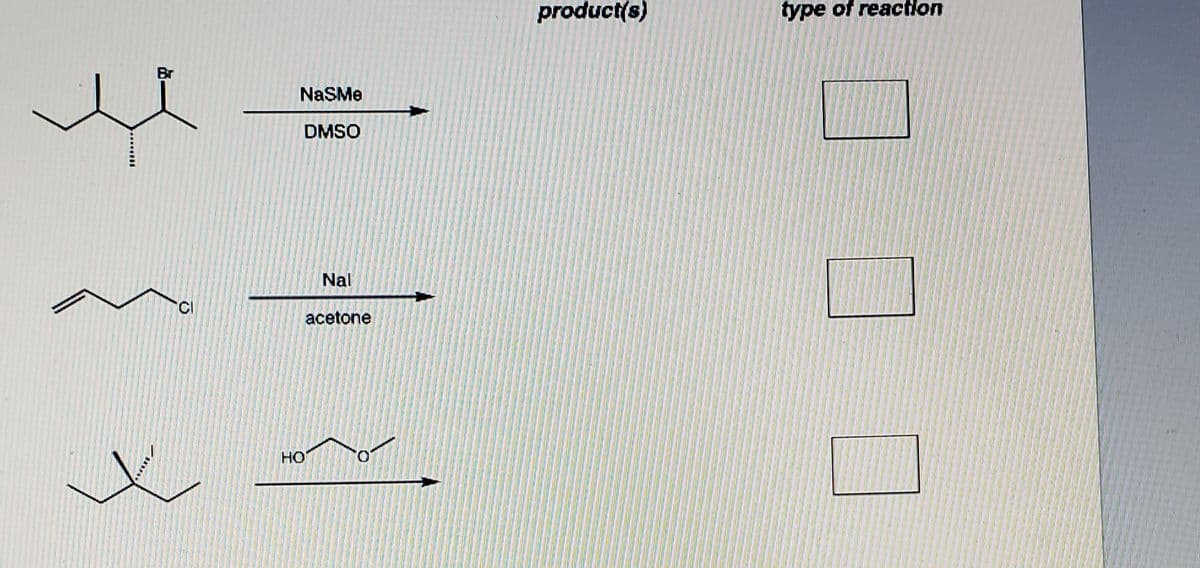 product(s)
type of reaction
Br
NaSMe
DMSO
Nal
acetone
HO
O.
