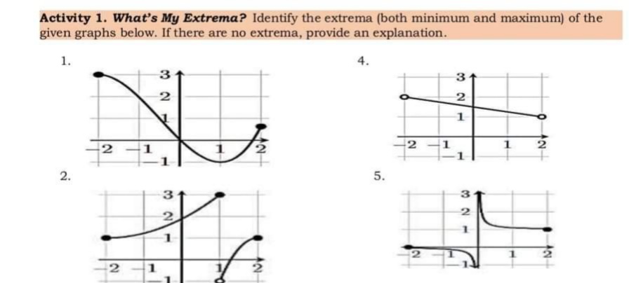 Activity 1. What's My Extrema? Identify the extrema (both minimum and maximum) of the
given graphs below. If there are no extrema, provide an explanation.
1.
4.
3
2
2 -1
2 1
2.
5.
2
1
