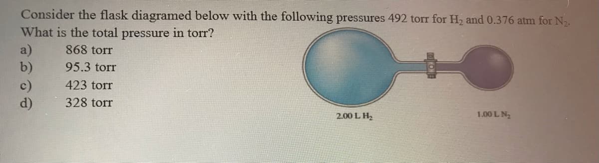 Consider the flask diagramed below with the following pressures 492 torr for H2 and 0.376 atm for N.
What is the total pressure in torr?
a)
b)
c)
868 torr
95.3 torr
423 torr
328 torr
2.00 L H2
1.00 L N2
