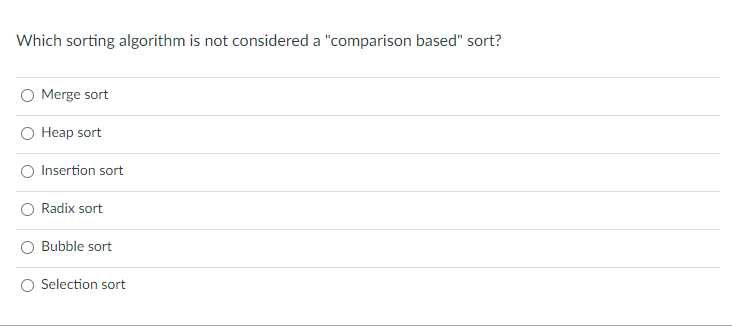 Which sorting algorithm is not considered a "comparison based" sort?
Merge sort
O Heap sort
Insertion sort
Radix sort
Bubble sort
Selection sort
