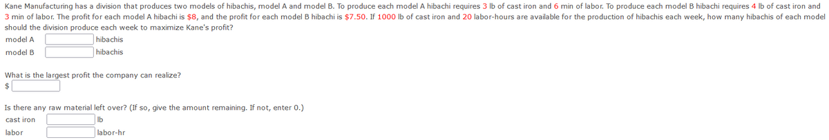 Kane Manufacturing has a division that produces two models of hibachis, model A and model B. To produce each model A hibachi requires 3 lb of cast iron and 6 min of labor. To produce each model B hibachi requires 4 lb of cast iron and
3 min of labor. The profit for each model A hibachi is $8, and the profit for each model B hibachi is $7.50. If 1000 lb of cast iron and 20 labor-hours are available for the production of hibachis each week, how many hibachis of each model
should the division produce each week to maximize Kane's profit?
model A
hibachis
model B
hibachis
What is the largest profit the company can realize?
$
Is there any raw material left over? (If so, give the amount remaining. If not, enter 0.)
cast iron
Ib
labor
labor-hr
