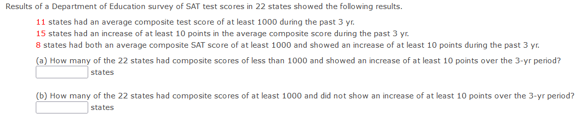 Results of a Department of Education survey of SAT test scores in 22 states showed the following results.
11 states had an average composite test score of at least 1000 during the past 3 yr.
15 states had an increase of at least 10 points in the average composite score during the past 3 yr.
8 states had both an average composite SAT score of at least 1000 and showed an increase of at least 10 points during the past 3 yr.
(a) How many of the 22 states had composite scores of less than 1000 and showed an increase of at least 10 points over the 3-yr period?
states
(b) How many of the 22 states had composite scores of at least 1000 and did not show an increase of at least 10 points over the 3-yr period?
states
