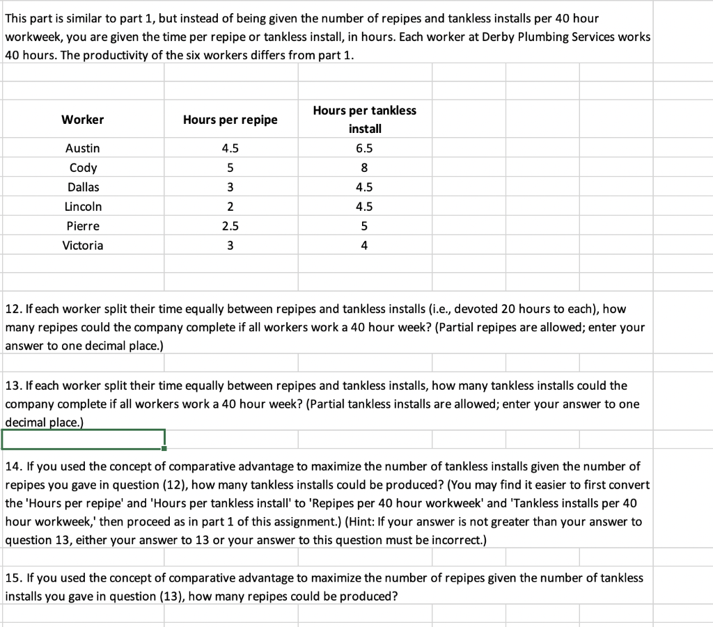 This part is similar to part 1, but instead of being given the number of repipes and tankless installs per 40 hour
workweek, you are given the time per repipe or tankless install, in hours. Each worker at Derby Plumbing Services works
40 hours. The productivity of the six workers differs from part 1.
ITT
Hours per tankless
Worker
Hours per repipe
install
Austin
4.5
6.5
Cody
5
8
Dallas
3
4.5
Lincoln
4.5
Pierre
2.5
5
Victoria
12. If each worker split their time equally between repipes and tankless installs (i.e., devoted 20 hours to each), how
many repipes could the company complete if all workers work a 40 hour week? (Partial repipes are allowed; enter your
answer to one decimal place.)
13. If each worker split their time equally between repipes and tankless installs, how many tankless installs could the
company complete if all workers work a 40 hour week? (Partial tankless installs are allowed; enter your answer to one
decimal place.)
14. If you used the concept of comparative advantage to maximize the number of tankless installs given the number of
repipes you gave in question (12), how many tankless installs could be produced? (You may find it easier to first convert
the 'Hours per repipe' and 'Hours per tankless install' to 'Repipes per 40 hour workweek' and 'Tankless installs per 40
hour workweek,' then proceed as in part 1 of this assignment.) (Hint: If your answer is not greater than your answer to
question 13, either your answer to 13 or your answer to this question must be incorrect.)
15. If you used the concept of comparative advantage to maximize the number of repipes given the number of tankless
installs you gave in question (13), how many repipes could be produced?
