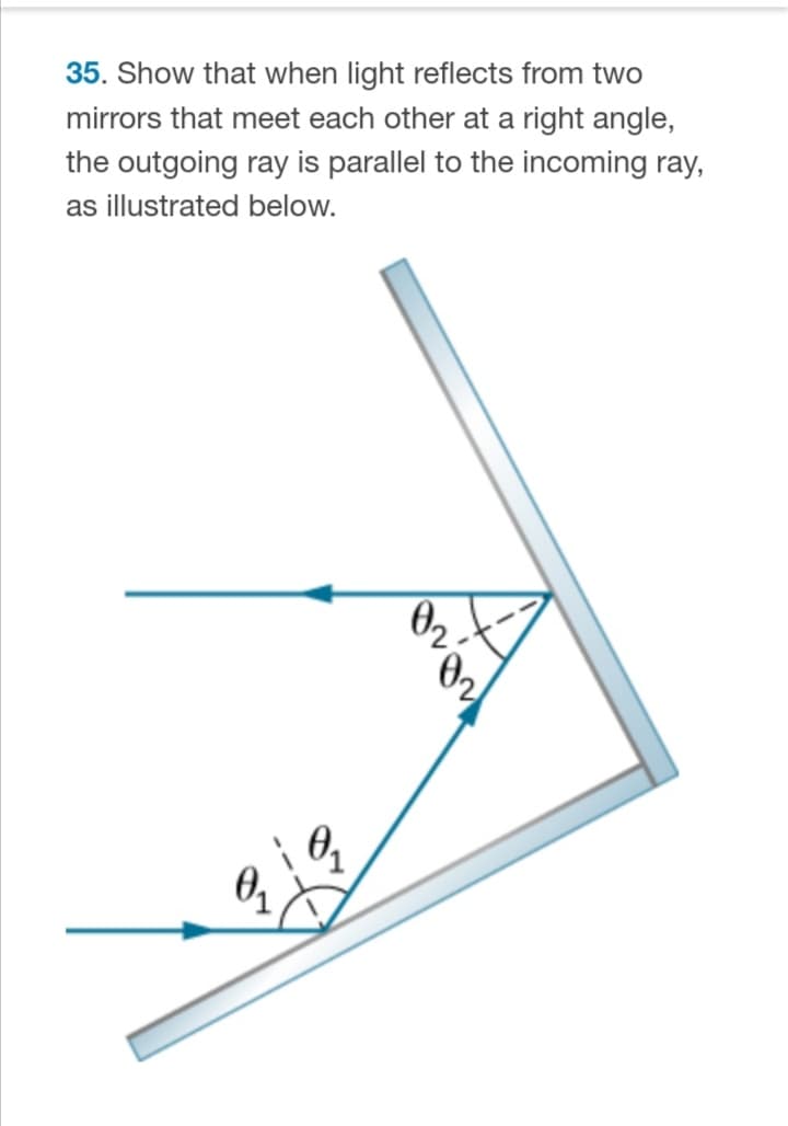 35. Show that when light reflects from two
mirrors that meet each other at a right angle,
the outgoing ray is parallel to the incoming ray,
as illustrated below.
