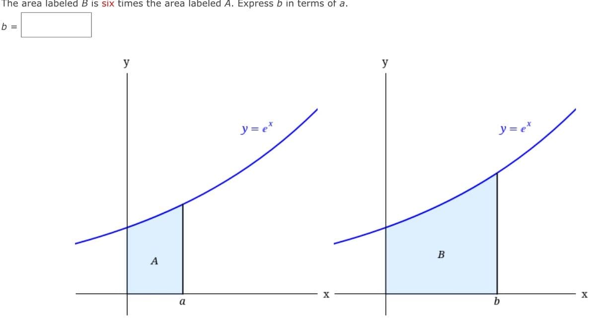 The area labeled B is six times the area labeled A. Express b in terms of a.
b =
y
y
y = e*
y = e*
B
A
X
a
b.
