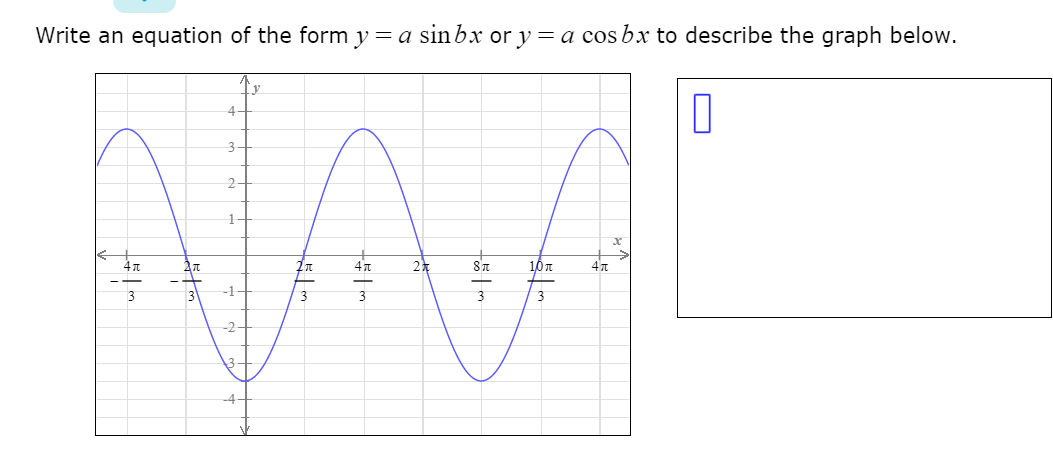 Write an equation of the form y = a sinbx or y = a cos bxr to describe the graph below.
4-
3-
2-
10n
3
3
3
-4
