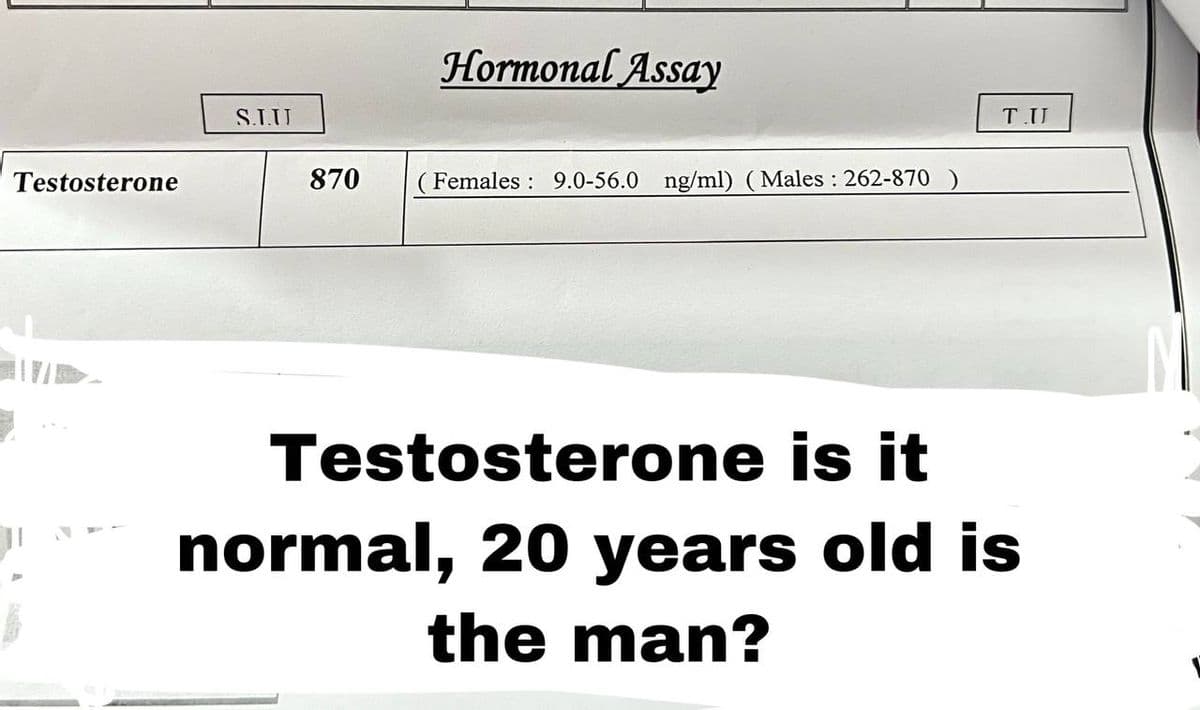 Hormonal Assay
S.LU
TU
Testosterone
870
Females : 9.0-56.0 ng/ml) (Males : 262-870 )
Testosterone is it
normal, 20 years old is
the man?
