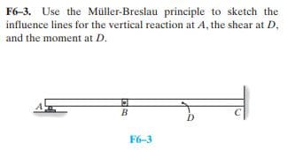 F6-3. Use the Müller-Breslau principle to sketch the
influence lines for the vertical reaction at A, the shear at D,
and the moment at D.
B
D.
F6-3
