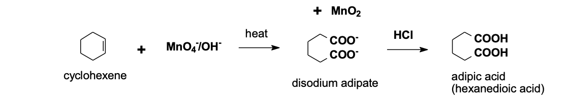 cyclohexene
+
MnO47OH*
heat
+ MnO₂
COO™
COO
disodium adipate
HCI
COOH
COOH
adipic acid
(hexanedioic acid)